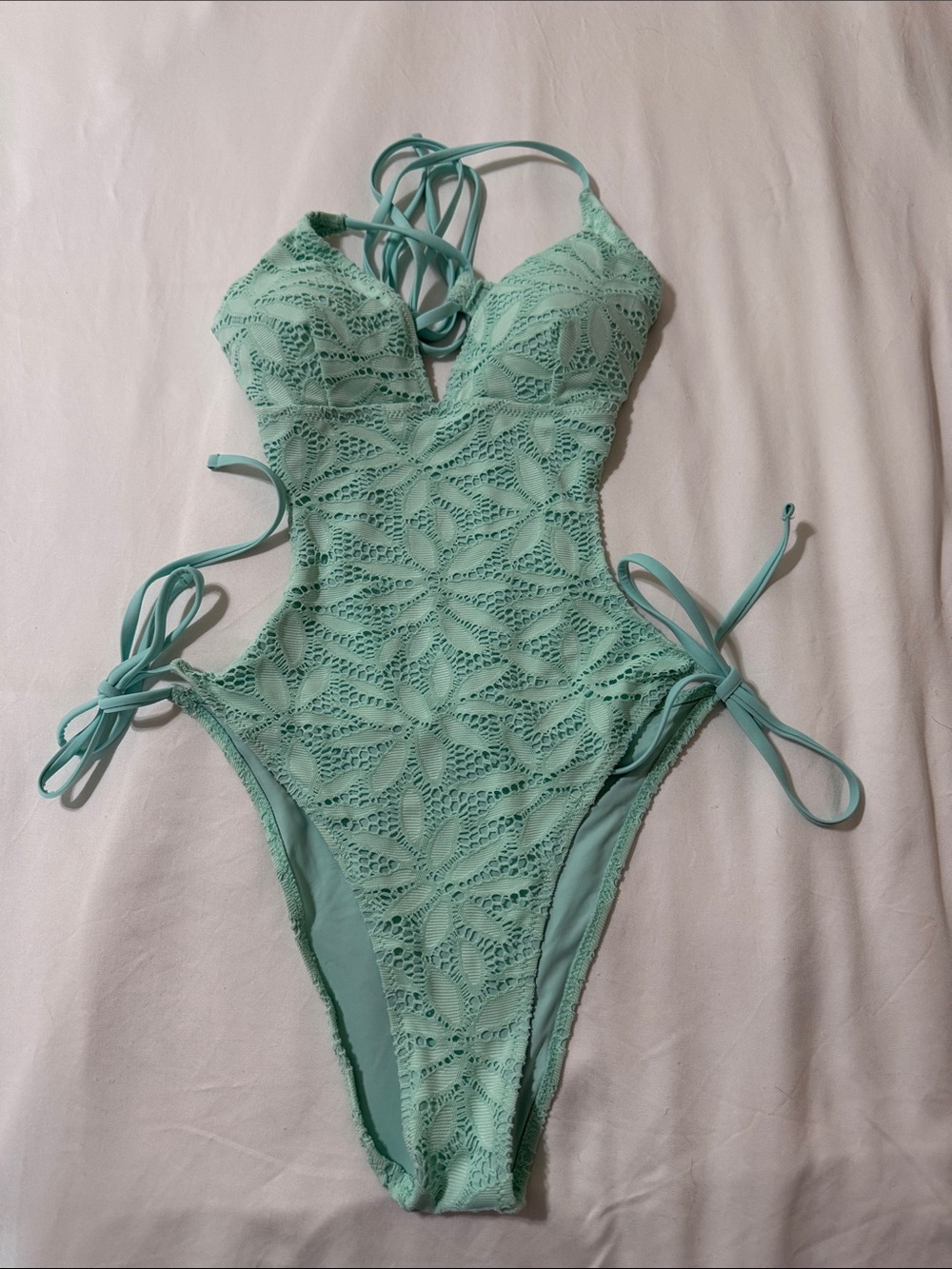 Women's Mint Green Lace One-Piece Swimsuit with Strappy Sides